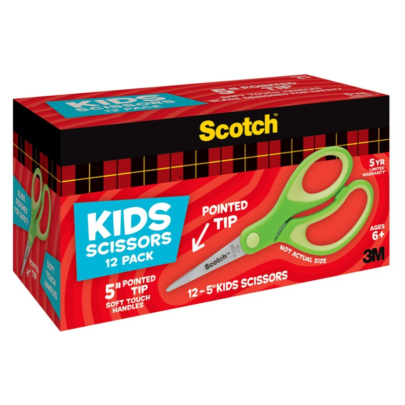 Scotch 5" Soft Touch Pointed Tip Kids Scissors, 12 Count