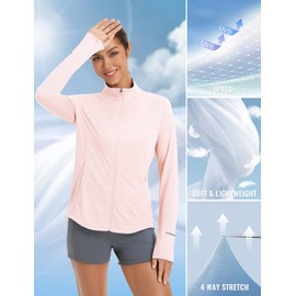 baleaf Women's UPF 50+ Lightweight Athletic Jacket Sun Protection Full Zip Long Sleeve Shirts Hiking Outdoor Pink L