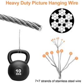 Picture Hanging Wire, yeestone Picture Hanging Kit, Including 10m Heavy Duty Picture Hanging Wire, 15PCS D Rings, 15PCS Screws and 20PCS Crimp Tubes, Picture Wire Hanging Kit for Picture Clock
