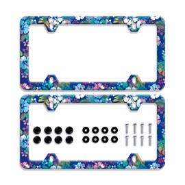 【2Pcs】Blue pink hibiscus License Plate Frame colorful tropical floral License Plate Frames Stainless Steel Accessories Cars Decor with 4 Holes Screws Fits Standard US CA Vehicles Size 12.2 x 6 Inches
