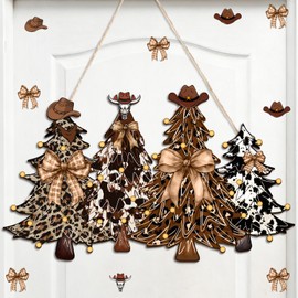 Thyle Christmas Door Sign Christmas Tree Welcome Wreath Sign Decorations with Large Bows Wall Decor Wooden Front Door Hanger Xmas Decorations Indoor for Farmhouse Home Outdoor Porch Window Decor