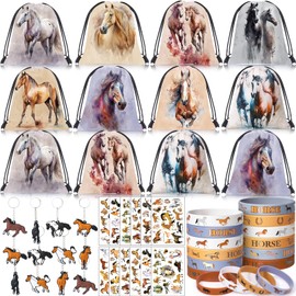 SNLN 12Sets Horse Party Favors Birthday Supplies Boy Girl Kid, Drawstring Bag Silicone Bracelet Tattoo Sticker Keychain Horse Themed Pinata Filler Cowboy Cowgirl Rodeo Western Party Favors Supplies