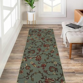 Kapaqua Custom Size Teal Green Floral Rubber Backed Non-Slip Hallway Stair Runner Rug Carpet 31 inch Wide Choose Your Length 31in X 16ft