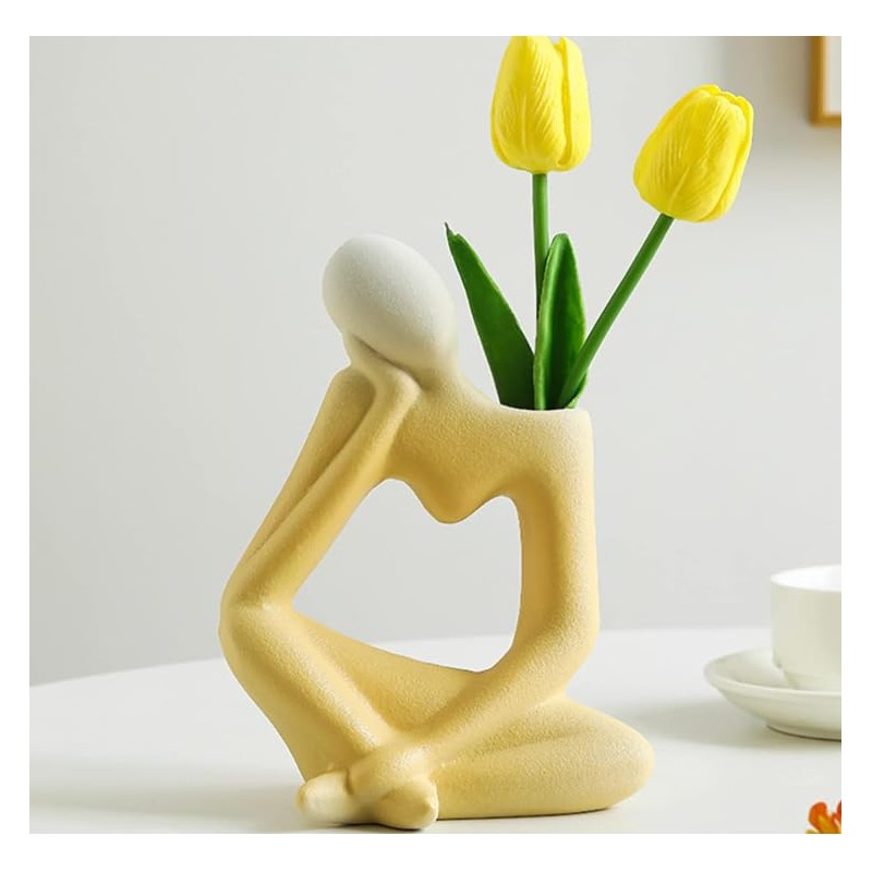 Abstract Thinker Vase Yellow Ceramic Flower Vase 20cm Tall Modern
