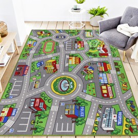 Kids Rug 6'6" x 5'0" City Life Playmat Area Rug Car City Map Washable Traffic Road Educational Learning Nursery Rug Carpet for Children Playroom Living Room Bedroom Classroom Decor Green