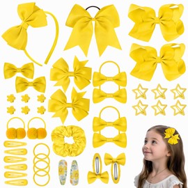 LOPHE 77Pcs Yellow Girls School Hair Accessories Kit, Hair Bows Elastic Headbands Hair Clips, Cheer Bows Ponytail Holder Hair Barrettes, Hair Accessories for Girls Christmas Birthday Gift