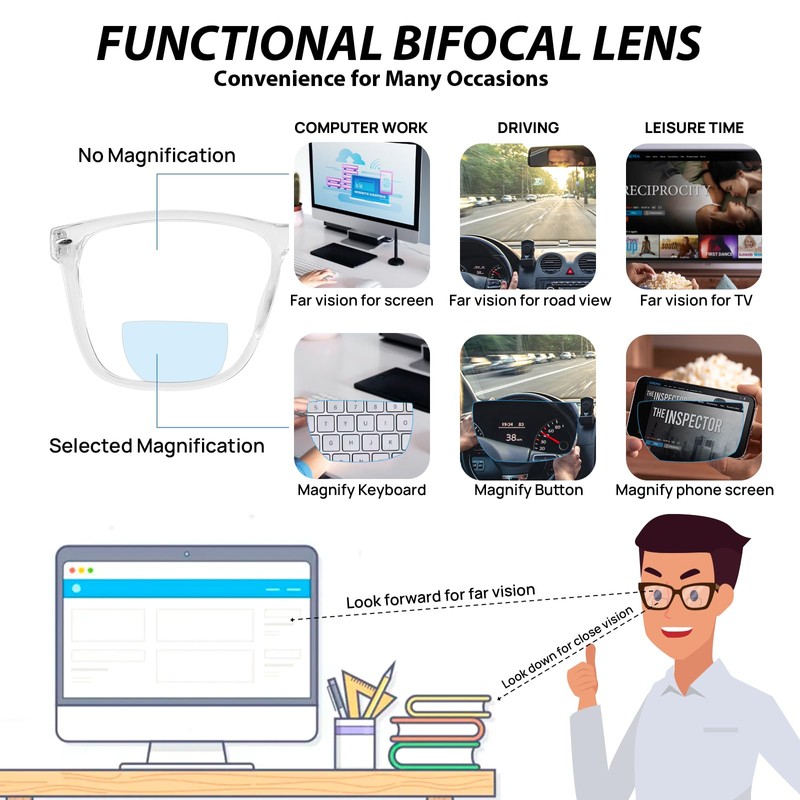 WEMOOTANTS Large Bifocal Reading Glasses Men Blue Light Blocking Readers