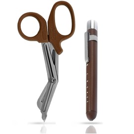 VISION TEK MED Pen Light for Nurses & Medical Scissors, LED Penlights with Pupil Gauge, 7.5" Bandage Scissors EMT Shears for Doctor, Nurses, Nursing Students (Brown Shears+Brown Penlight)