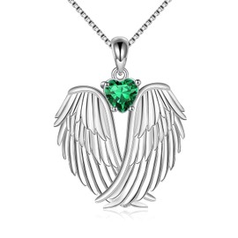 YAFEINI Wing Necklace, 925 Sterling Silver Guardian Angel Birthstone Necklace Wing Pendant Jewelry for Women Girls Gifts, Metal, Cubic Zirconia
