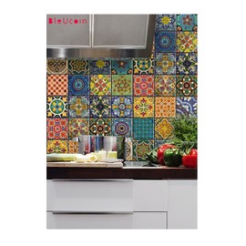 Bleucoin Mexican Muted Colors Peel & Stick Tile Backsplash Stair Riser Decals DIY Tile Decals Mexican Talavera Waterproof Home Decor Staircase Decal Stair Mural Decals (Pack of 24) (4.25" x 4.25")