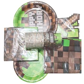 Pixel Birthday Decoration Party Supplies, 16 Set of Cups,Plates, Napkins, with 1 Tablecloth and 1 Banner，Mining Party Faovrs,Total 70 piecesTableware