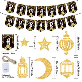 Ramadan Mubarak Garland, Eid Mubarak Decoration, Ramadan Mubarak Banner, Gold Star Moon Ramadan Decorations, Islam Banner Decoration, Gold Glittering Ramadan Kareem Banner