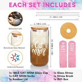 Cat Mom Gifts, Cat Lover Valentine Gifts for Women, Cat Lover Gifts, Cat Mom Gifts for Women, Cat Mom Socks, Valentine Birthday Gift for Cat Lover, 18oz Glass Cups with Lids and Straws