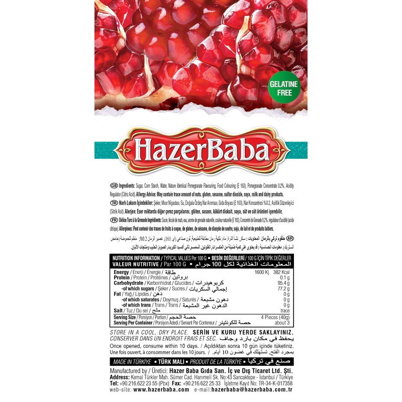 Hazer Baba Turkish Delight Candy, Real Pomegranate Flavor, Gourmet Snack