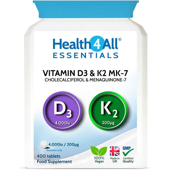 Vitamin D3 4000iu & Vitamin K2 200ug (Natural MK7) 400 Tablets (1+ Year Supply) Vegan Vitamin D3 K2 Supplement, Vitamin D3 and K2 High Strength from Natto, Made in The UK