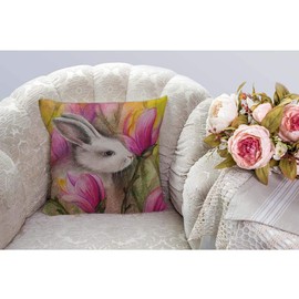 HGOD DESIGNS Rabbit Throw Pillow Cover,Spring Watercolor Rabbit in Magnolia Flowers Burlap Pillow Cases Decorative for Women Girls Boys Couch Sofa Bedroom Living Room 18x18 Inch