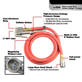 Milton 556 Heavy-Duty Analog Tire Inflator with Pressure Gauge, 6' Hose Large Bore Air Chuck, Made in USA (OSHA Compliant) 10-160 PSI
