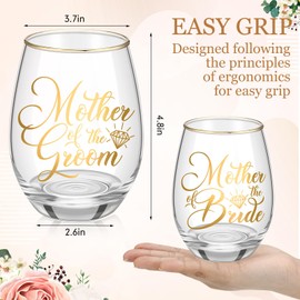 Singhoow 2 Pcs Mother of the Bride and Groom Gifts Mother of the Bride and Groom Wine Glasses Drink Cup 15 Ounce Stemless Wedding Toasting Glass Tumbler Wedding Proposal Gift for Mother