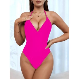 Sexybody - Traje de baño sexy de una pieza para mujer, con cuello en V, espalda baja, fruncida, corte alto, tanga, 146 Rose Red, Large