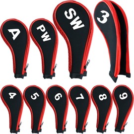 Golf Iron Head Covers Neoprene Long Cover with Zipper 10 12 Pack Set 3 4 5 6 7 8 9 PW SW LW A Large Printing Number,Black Blue Red Color (Red -10 Pack)