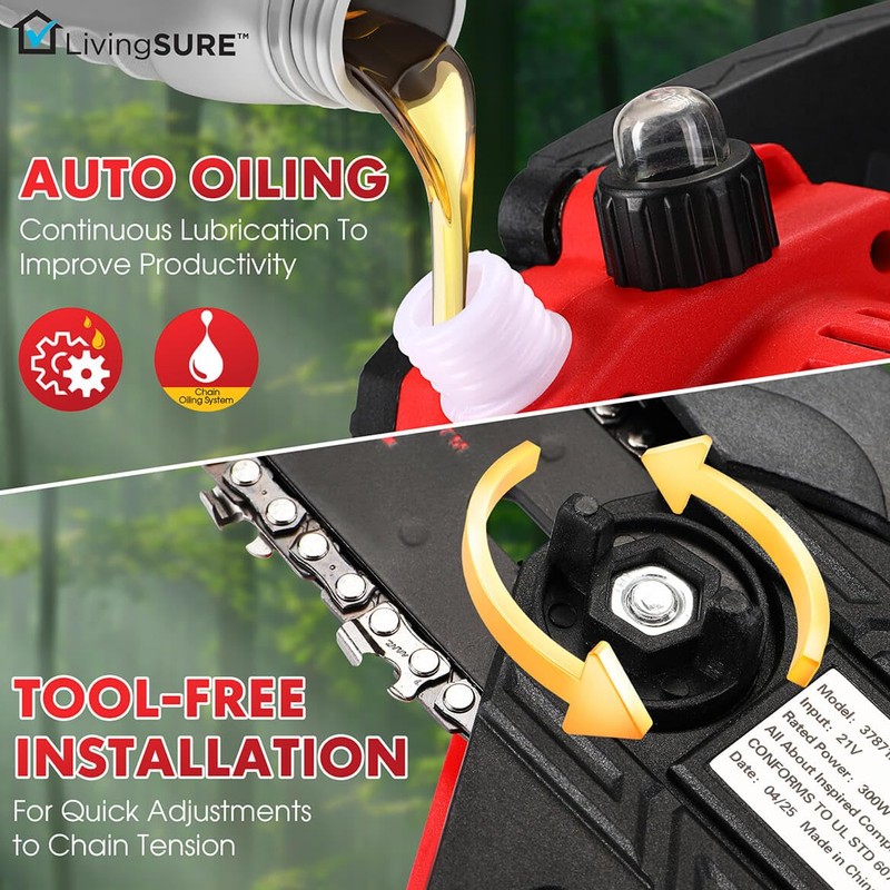 LivingSURE Mini Cordless Rechargeable Chainsaw Kit – 21V Handheld Electric