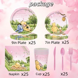 DAYIMG 175PCS Pink Winnie Baby Shower Decorations Pooh Paper Plates and Napkins Cups Girls Birthday Party Supplies Tableware Dinnerware Set (25 Guest)