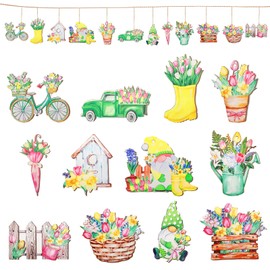 APOMOONS Wooden Decoration Spring Pack of 12 Spring Decoration Hanging Decoration Wooden Pendant Spring Flowers Gnomes Tulips for Branches, Doors, Windows, Ceilings, Gardens, Yards