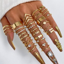 17IF 30 Pcs Gold Vintage Knuckle Ring Set for Women, Boho Crystal Finger Aesthetic Pearl Sparkle Butterfly Chunky Stackable Midi Ring Pack (Boho)