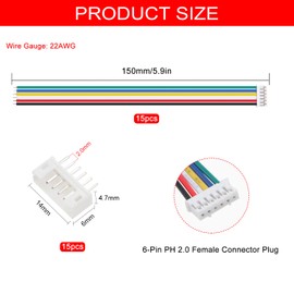 Lyeteung 15 Sets Mini Micro JST 2.0 PH 6 Pin Connector Plug Male with 150mm 22AWG Cable & Female Connector