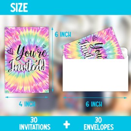 Doguiei Rainbow Tie Dye Birthday Party Invitations, Tie Dye Party Invitations Card for Girls (30 Cards & 30 Envelopes)