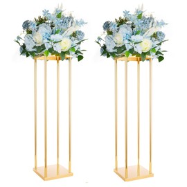 Bigsee 2pcs Gold Wedding Centerpieces Column Vases for Tables Geometric Metal Flower Stand , 23.6 Inch Tall Floor Vase Rectangle Flower Holder for Wedding Party Table Decorations