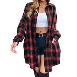 Bozanly Women's Oversized Button Down Long Plaid Flannel Shirts Lapel Long Sleeve Check Jacket Shacket(0501-Red-L)