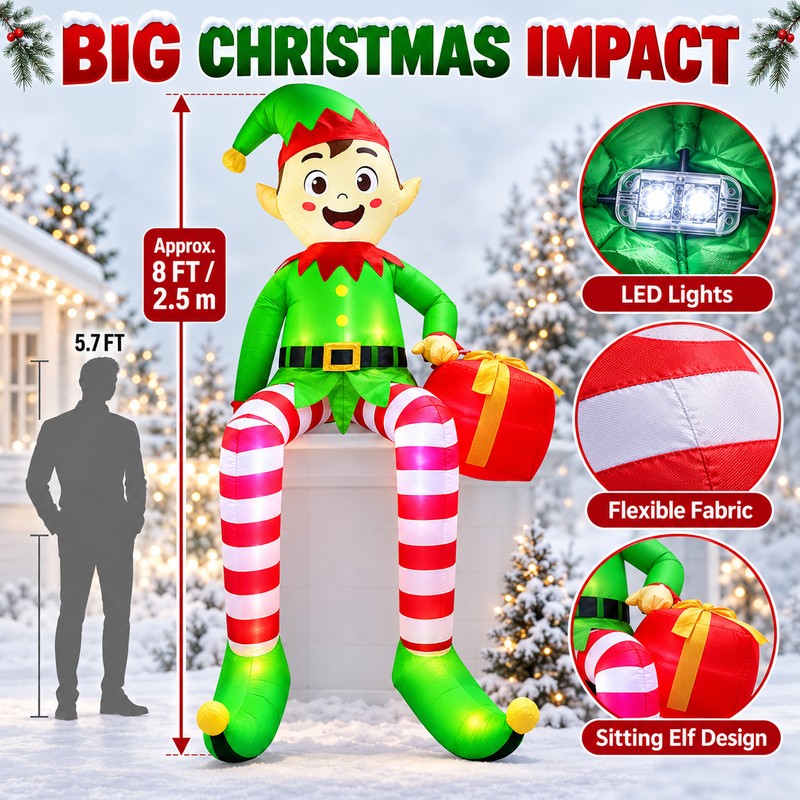 8FT Christmas Inflatable Elf for Holiday Display – LED Lighted