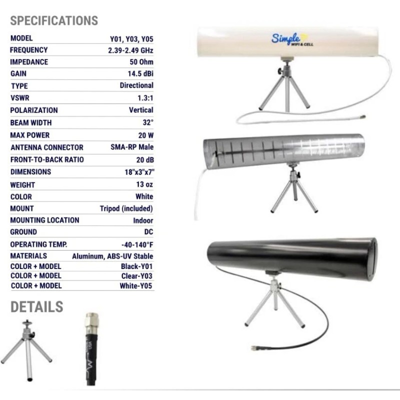Simplewifi White Yagi Indoor Desktop Cantenna Wi-Fi 2.4 GHz WiFi