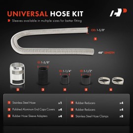 A-Premium 48" & 44" Universal Flexible Radiator Hose - Stainless Steel Water Hoses Adapter Coolant Hose Kit - with 8Pcs Polished Aluminum Caps (16 Clamps) Silver