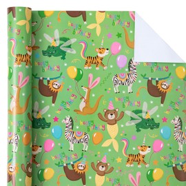 WRAPAHOLIC Birthday Wrapping Paper Roll - Mini Roll - 17 Inch x 33 Feet - Green Animal and Happy Birthday Design, Perfect for Birthday, Party, Holiday