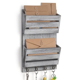 Mail Sorter Wall Mounted, Wooden Mail Holder with 4 Key Hooks, 2 Slot Letter Bills Newspaper Magazine Organizer for Entryroom Hallway Office Garage, Gray White