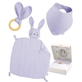 nudu Baby - Gift Set - Comforter Blanket - Bib - Teething Ring - 100% Cotton - Muslin Cloth - Gifts for Birth - Baby Gift Boy - Blue