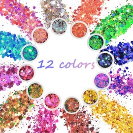 12 Colors Festival Glitter, Nail Glitter Powder, Holographic Cosmetic Glitter for Face Body Eye Hair Nail and DIY Art