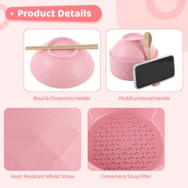 4 Sets Microwave Ramen Cooker Bowl Set, Quick Ramen Cooker with Lid and Handle, 4 Colors 1200 ml Instant Noodles Bowl, Wheat Straw Plastic Dinnerware Set with Chopsticks Fork Spoon for Home Travel