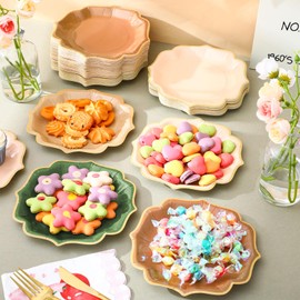 Potchen 96 Pcs Sage Green Brown Dessert Plates 7 Inch Woodland Forest Scalloped Disposable Party Paper Plate for Summer Wedding Birthday Baby Shower Party Supplies, 4 Colors