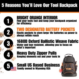 Tool Backpack with waterproof base - tool backpack heavy duty with battery pockets - Tool Bag Organizer - Water and Tear Resistant - Construction Backpack for men