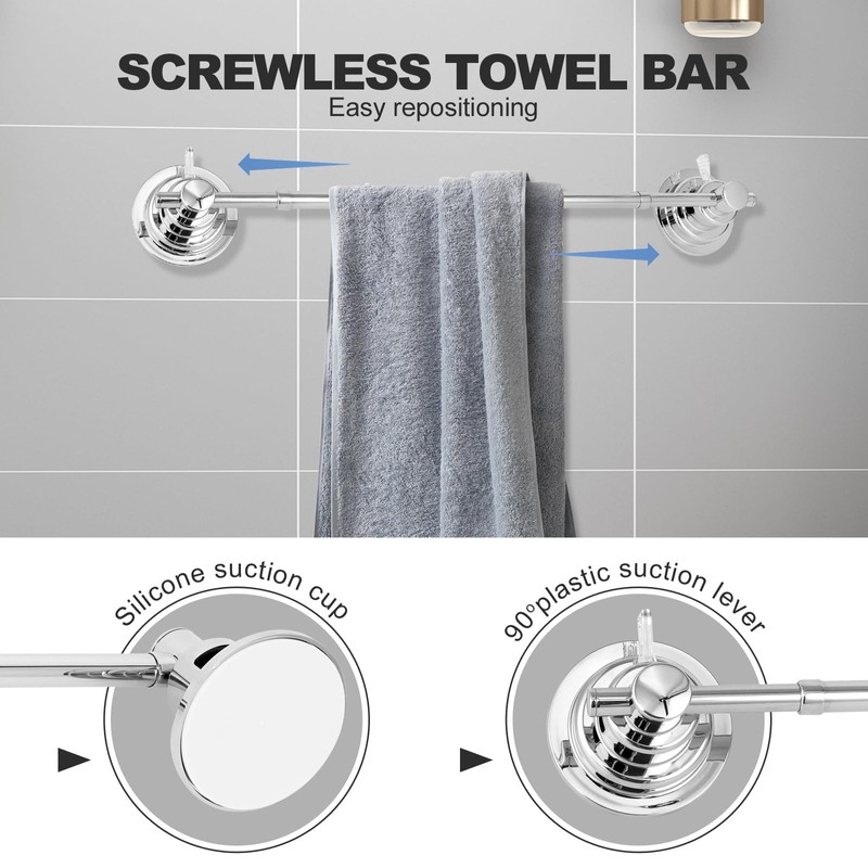 Suction Cup Towel Bar for Shower, 15.75''-25.6'' Adjustable Stainless Steel