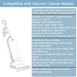 8 Pack Type A HEPA Vacuum Bags Replacement for Riccar Most Vibrance, 2000/4000/ R-Series/Simplicity Symmetry, Vacuum Bags for Type A, 5000/6000/ S20EZM Upright Vacuum Cleaners, Part RAH-6/SAH-6