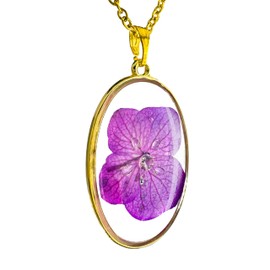 TAMI Dije para Mujer Dorado con Flor Natural de Hortensia Morada - Collar con Zirconias y Naturaleza - Accesorio de Joyería Artesanal con Cristales