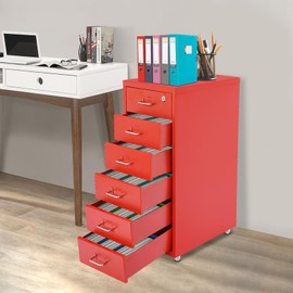 6 Drawer File Cabinet w/Wheels, Metal Vertical Filing Cabinet Red Storage Cabinets with Keys&Tag Slot, Freestanding Underdesk Chest, Mobile Storage File Organizer for Home Office, 11 * 16 * 27in