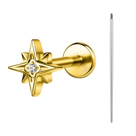 BodyAce Gold ASTM F136 Titanium Lip Bars, 16G Flat Back Earrings with Piercing Taper, Internally Threaded Labret Ring Cartilage Piercing Tragus Studs [Gold Zirconia Star Light]