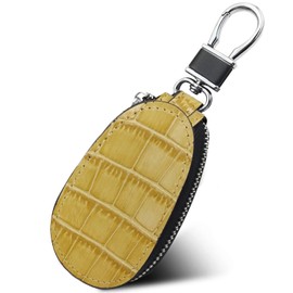 LUCKYCOIN Car Key Case Crocodile Pattern Top Grain Leather Universal Key Fob Holder Bag with Key Chain Metal Hook (Yellow)
