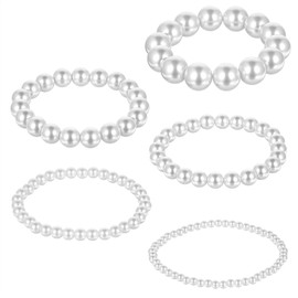 Ptwola 5 Pcs Women Pearl Bracelets Bridal Wedding Elastic Bridesmaid Beaded Bracelets Jewelry White Stretch Vintage Stackable Faux Pearl Wrist Bands for Lady Birthday Festival Party