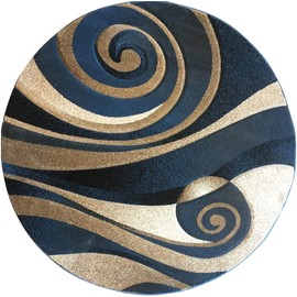Sculpture Modern Round Area Rug Blue Beige Ivory Abstract Carpet King Design 258 (4 Feet X 4 Feet)